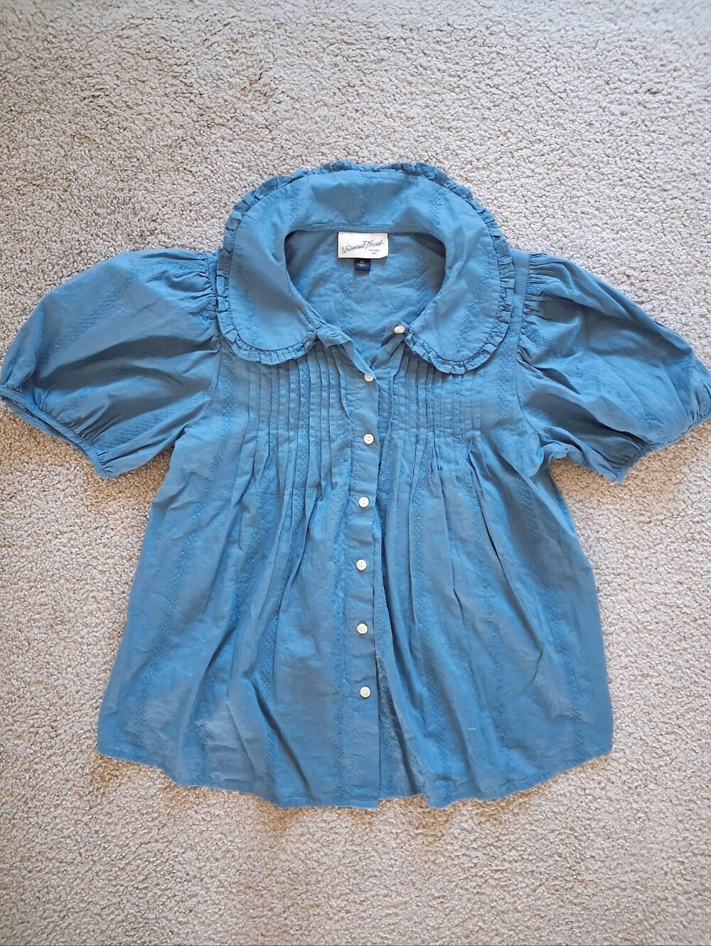 Universal Thread Dusty Blue Peter Pan Collar Puff Sleeve Pintuck Button Up Top - Picture 2 of 8